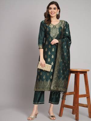 Green embroidered cotton silk jacquard salwar suit 3