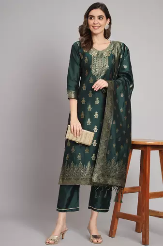 Green embroidered cotton silk jacquard salwar suit