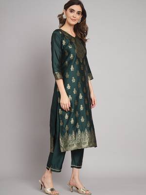 Green embroidered cotton silk jacquard salwar suit 4