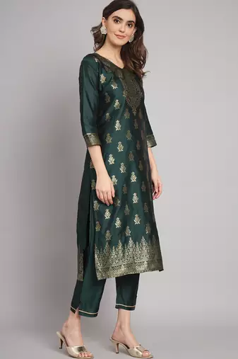 Green embroidered cotton silk jacquard salwar suit