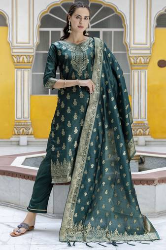 Green embroidered cotton silk jacquard salwar suit