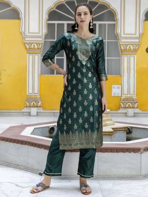Green embroidered cotton silk jacquard salwar suit 2