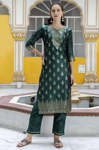 Green embroidered cotton silk jacquard salwar suit