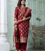 Maroon embroidered cotton silk jacquard salwar suit
