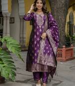 Purple embroidered cotton silk jacquard salwar suit