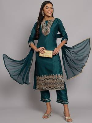 Green embroidered silk blend salwar suit 1