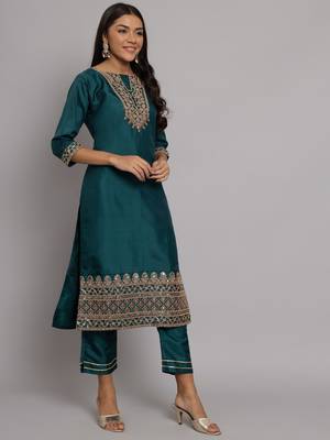 Green embroidered silk blend salwar suit 2