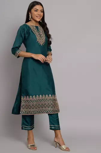 Green embroidered silk blend salwar suit