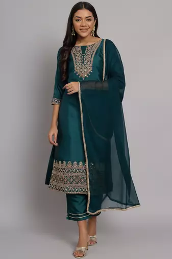 Green embroidered silk blend salwar suit