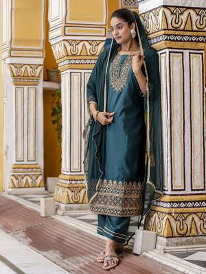 Green embroidered silk blend salwar suit 1