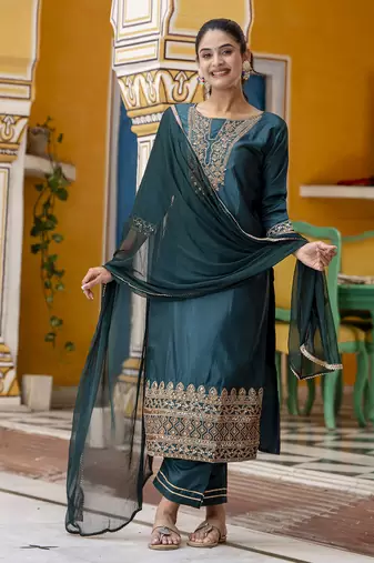 Green embroidered silk blend salwar suit
