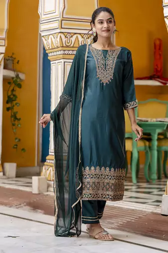 Green embroidered silk blend salwar suit