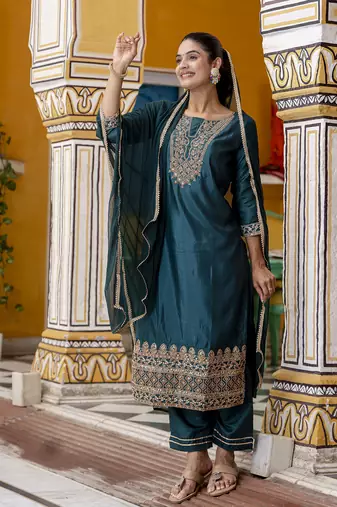 Green embroidered silk blend salwar suit