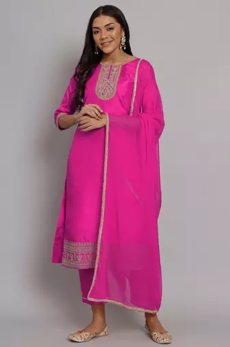 Pink embroidered silk blend salwar suit