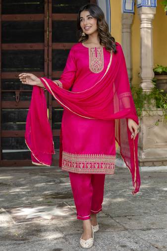 Pink embroidered silk blend salwar suit