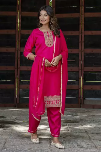 Pink embroidered silk blend salwar suit
