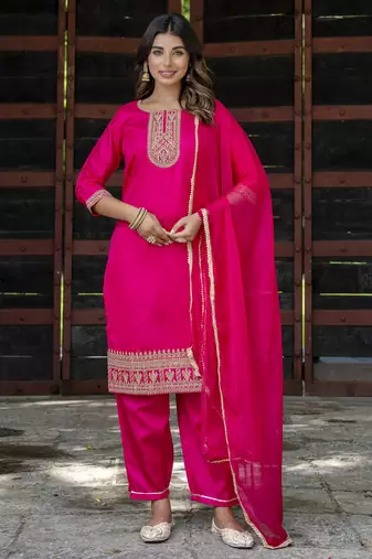 Pink embroidered silk blend salwar suit