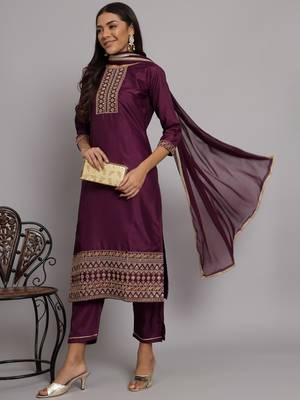 Purple embroidered silk blend salwar suit 1