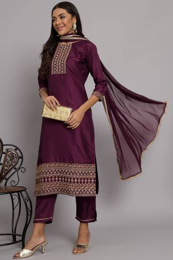 Purple embroidered silk blend salwar suit
