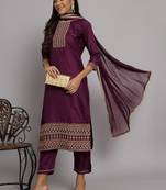 Purple embroidered silk blend salwar suit