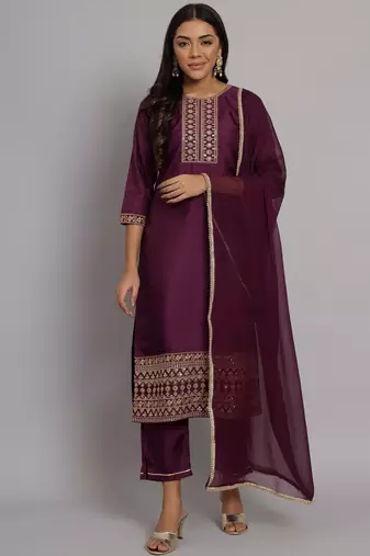 Purple embroidered silk blend salwar suit