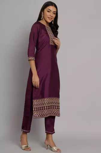 Purple embroidered silk blend salwar suit