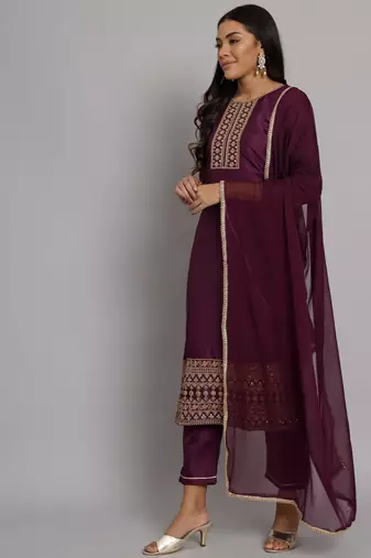 Purple embroidered silk blend salwar suit