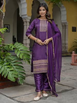 Purple embroidered silk blend salwar suit 1