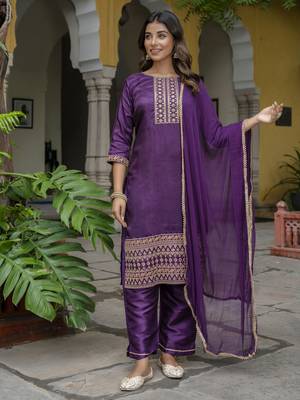 Purple embroidered silk blend salwar suit 2
