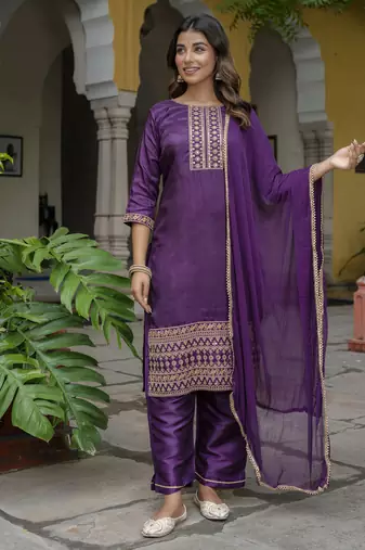 Purple embroidered silk blend salwar suit