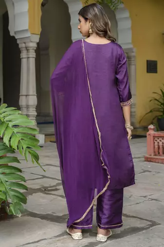 Purple embroidered silk blend salwar suit