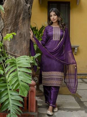 Purple embroidered silk blend salwar suit 4