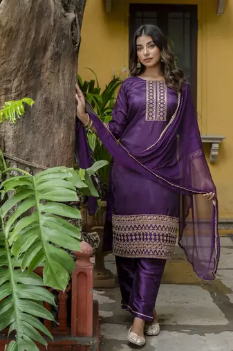 Purple embroidered silk blend salwar suit