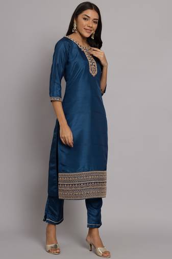 Teal embroidered silk blend salwar suit