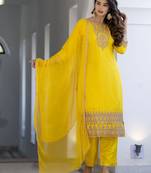 Yellow embroidered silk blend salwar suit