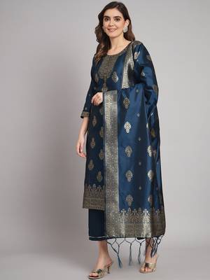 Blue embroidered cotton silk jacquard salwar suit 1