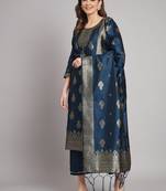 Blue embroidered cotton silk jacquard salwar suit
