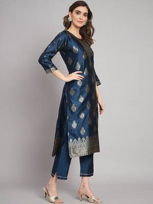 Blue embroidered cotton silk jacquard salwar suit 2