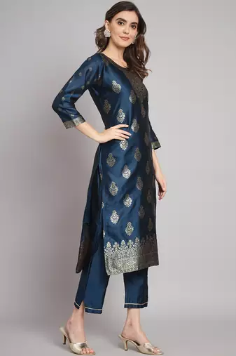 Blue embroidered cotton silk jacquard salwar suit