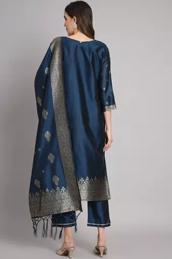 Blue embroidered cotton silk jacquard salwar suit