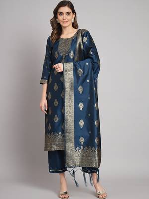 Blue embroidered cotton silk jacquard salwar suit 4