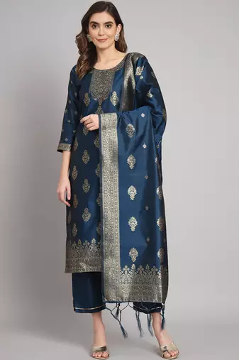 Blue embroidered cotton silk jacquard salwar suit