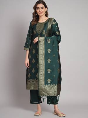 Green embroidered cotton silk jacquard salwar suit 1