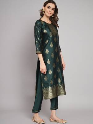 Green embroidered cotton silk jacquard salwar suit 2