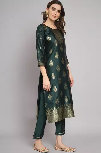 Green embroidered cotton silk jacquard salwar suit