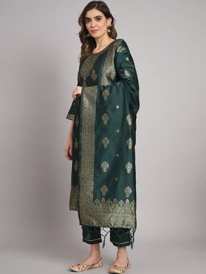 Green embroidered cotton silk jacquard salwar suit 3