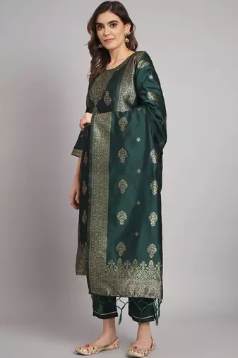 Green embroidered cotton silk jacquard salwar suit
