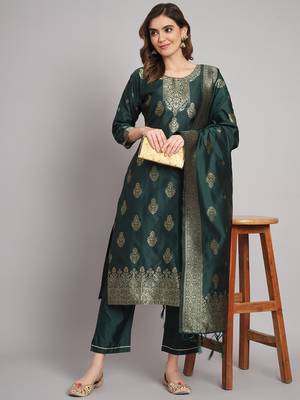 Green embroidered cotton silk jacquard salwar suit 4