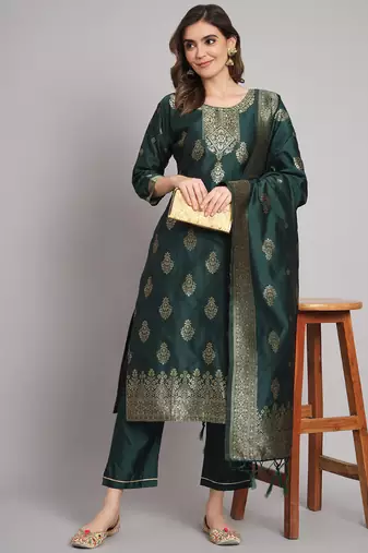 Green embroidered cotton silk jacquard salwar suit