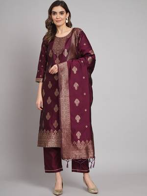Purple embroidered cotton silk jacquard salwar suit 1
